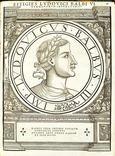 Ludovico il Balbo, illustrazione da Imperatorum romanorum omnium orientalium et occidentalium verissimae imagines ex antiquis numismatis, xilografia di Rudolph Wyssenbach, stampata da Andreas Gesner, Zurigo da Hans Rudolf Manuel Deutsch